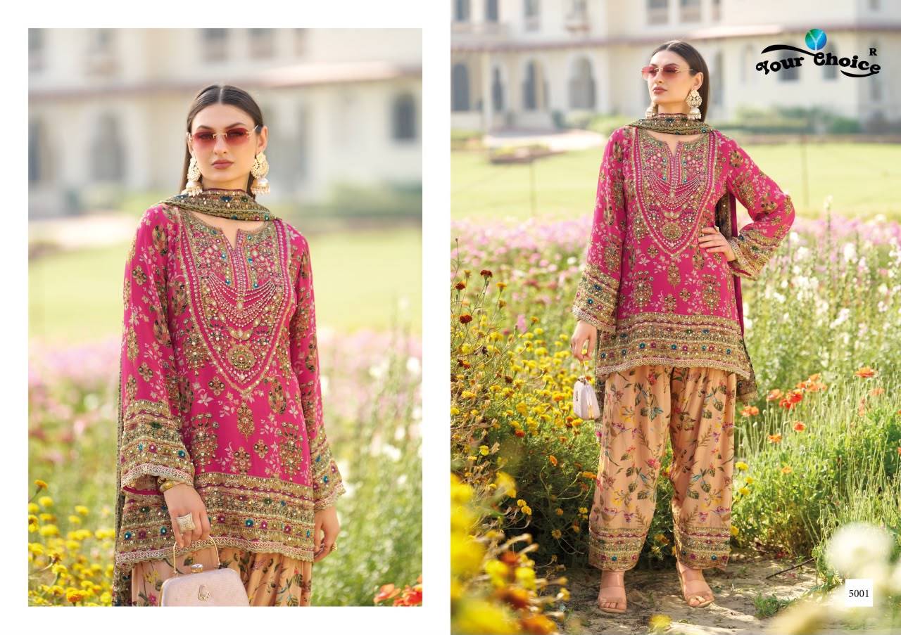 Glossy By Your choice 5001 To 5002 Series Indian Pakisatni ethnic wear Heavy Chinon At Wholesale Price